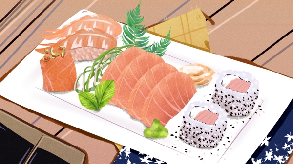 地方特色美食三文鱼寿司插画背景