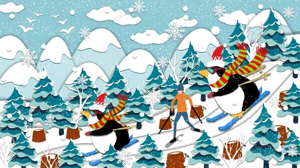 剪纸风企鹅在大山上滑雪插画