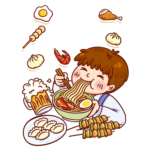 彩绘3.17吃货节吃面的男孩人物插画