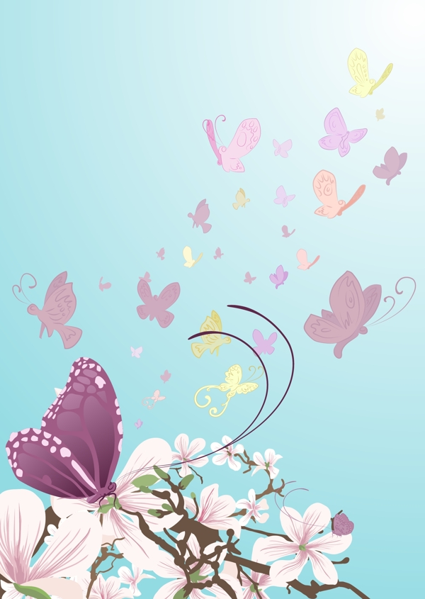 紫蝴蝶和花朵矢量素材