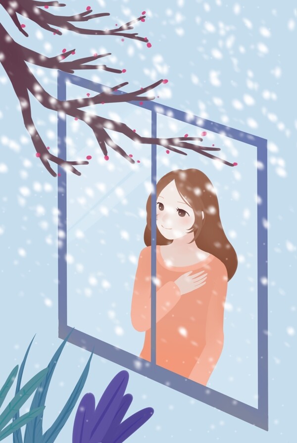 冬季大寒大雪雪景女孩窗外插画