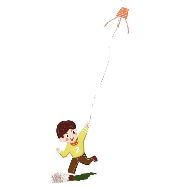 卡通手绘春天放风筝的小男孩