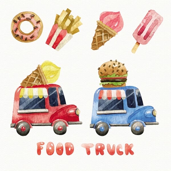 水彩画食品和食品卡车