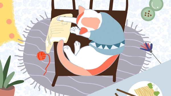 萌宠系列可爱猫咪餐桌午睡卡通插画