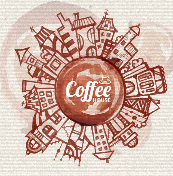 咖啡渍绘城市背景矢量素材下载