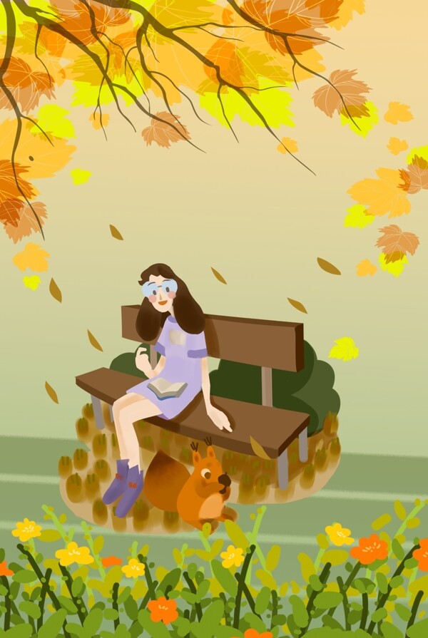 秋天树下的长椅上女孩和松鼠海报背景
