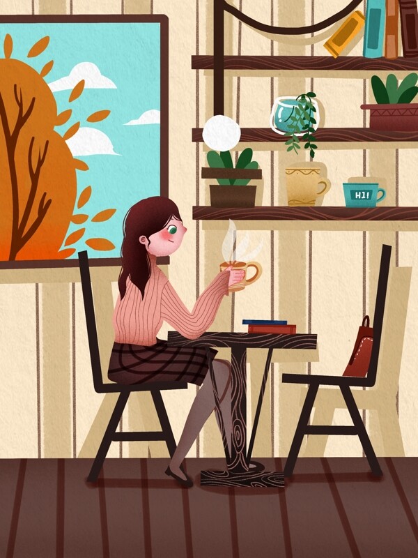 世界大学生节女孩坐在咖啡店喝咖啡温馨插画