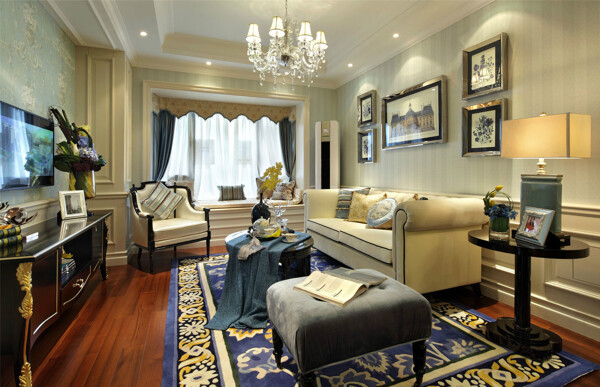 欧式客厅蓝色花纹地毯装修效果图