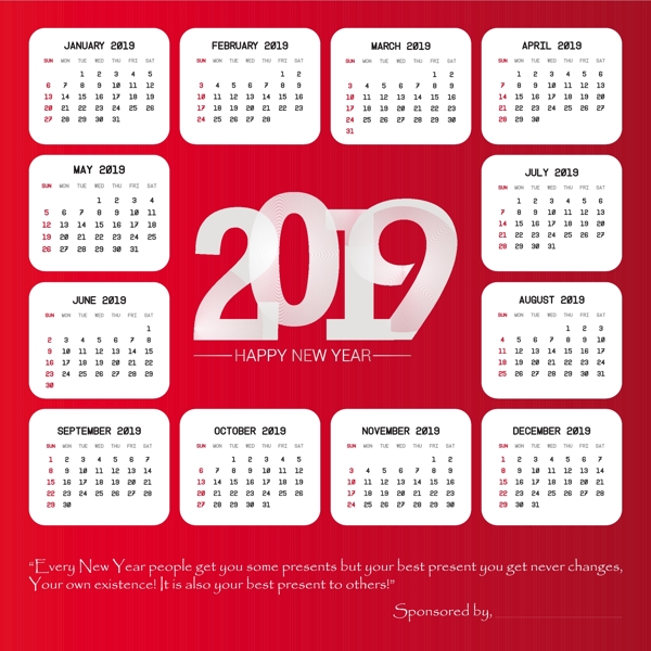 2019带有红色背景矢量的日历设计