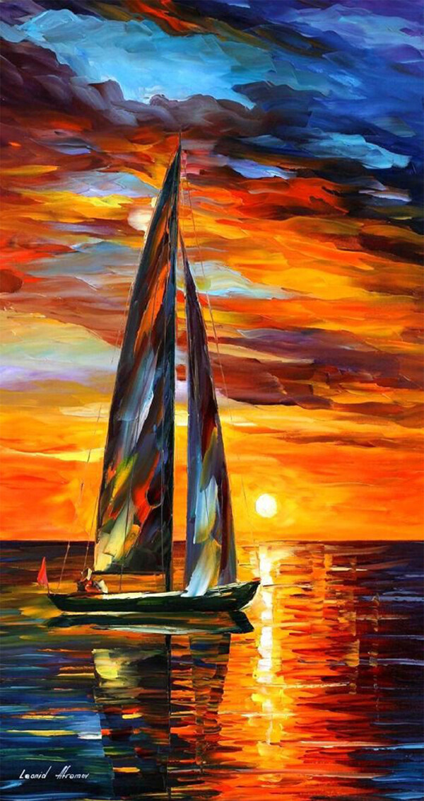 夕阳帆船油画
