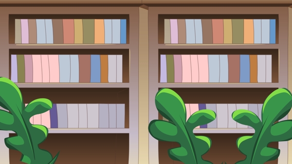 彩色摆放整齐的书本书架绿叶背景