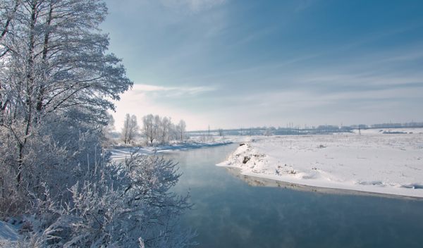 冬天树林与河流图片