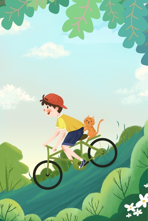 春天在山坡上骑车的男孩海报背景