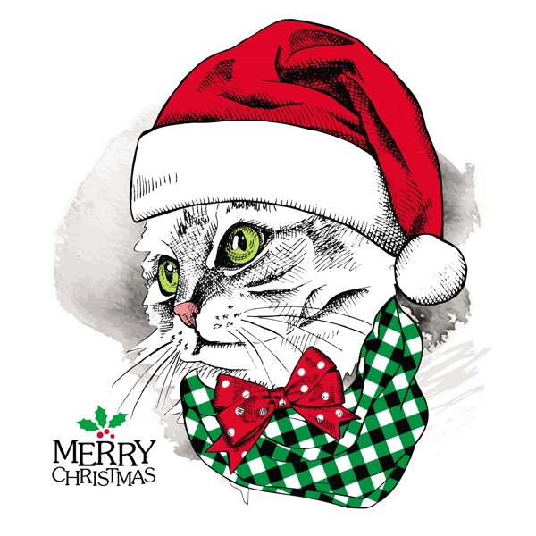 手绘猫咪动物圣诞节海报矢量