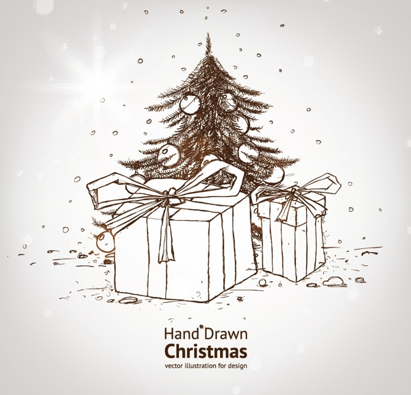 手绘素描圣诞背景礼盒圣诞树图片