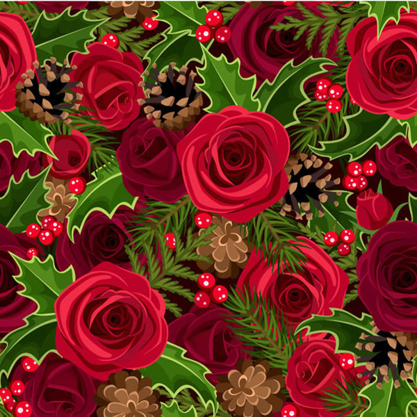 红玫瑰和枸骨无缝背景矢量素材下载