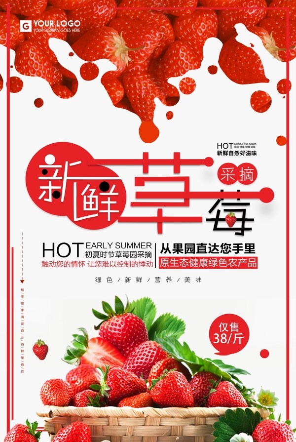 果园采摘新鲜草莓餐饮美食海报