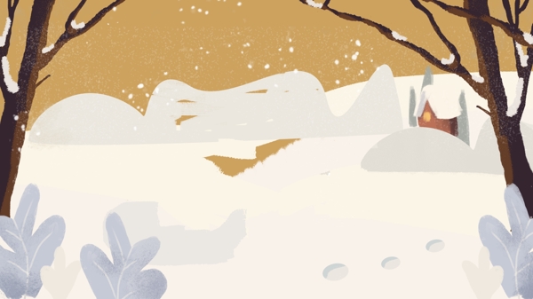 手绘冬天雪地里的枯树背景素材