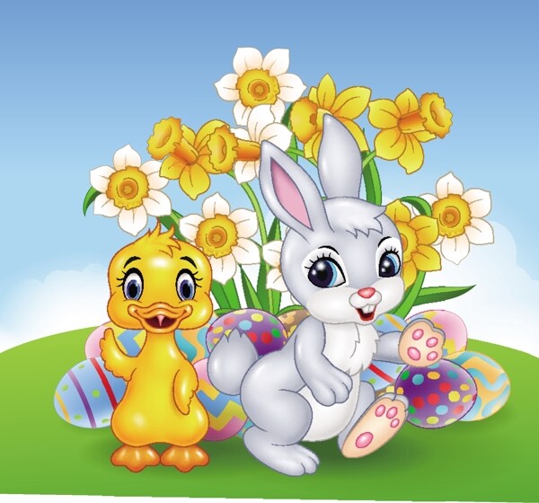 鲜花旁边的一只鸭子和一只兔子