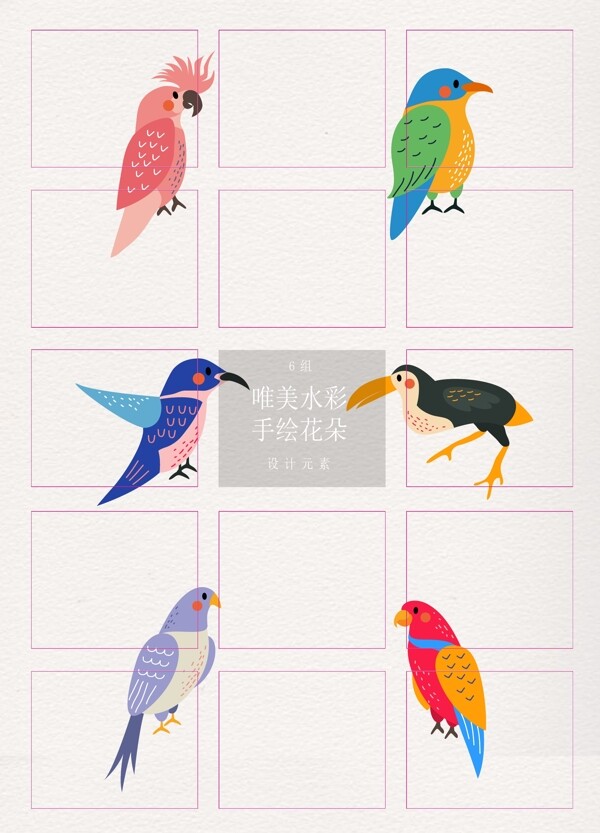 6款彩绘鸟类矢量素材