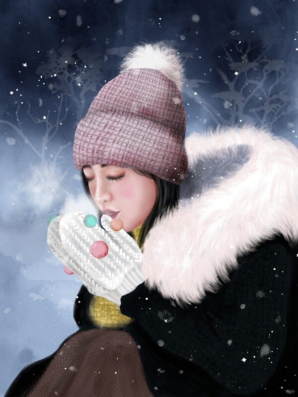 节气大雪冬季女孩手套雪地棉衣毛线帽子寒冷