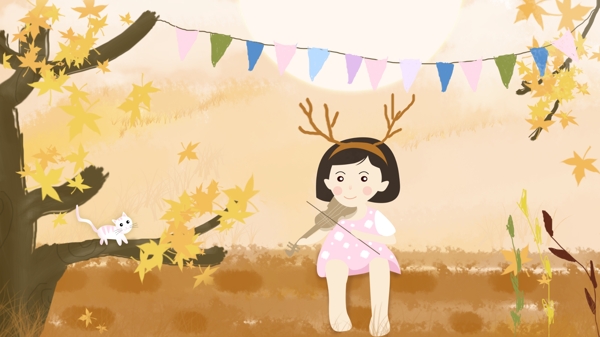 秋季秋游女孩在野外弹奏小提琴原创插画
