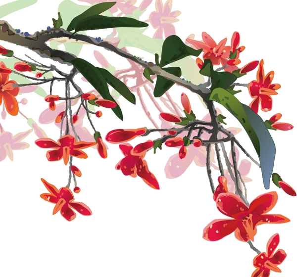 中国风传统水墨树枝红色花朵