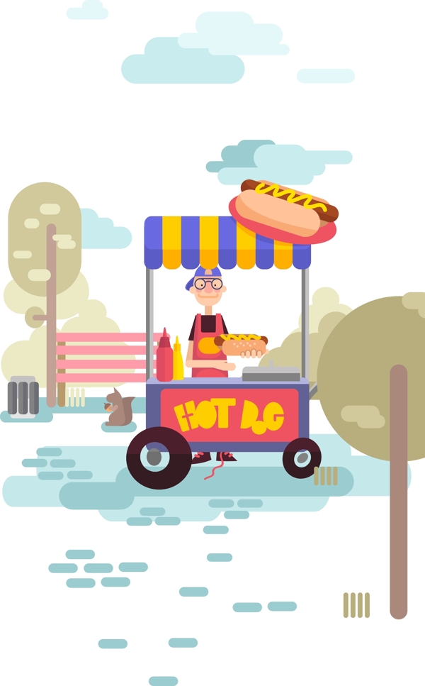 扁平卡通的快餐车插画