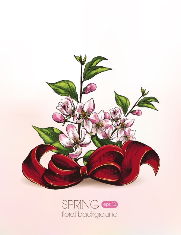 花卉矢量插画与樱桃树枝和弓