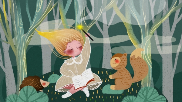 节气寒露女孩在森林施魔法可爱温馨插画
