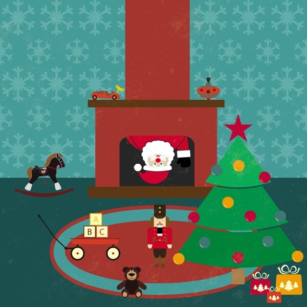 可爱钻壁炉的圣诞老人插画