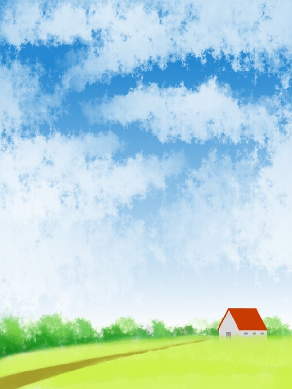蓝天白云红房子清新大自然背景