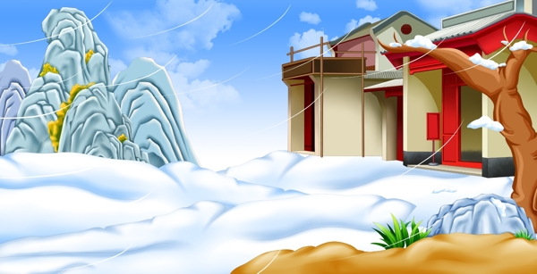 古代冬季雪地房屋背景设计