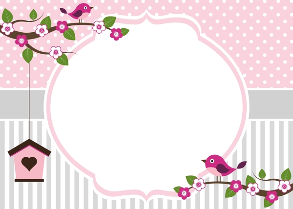 粉色植物花朵小鸟婚礼贺卡矢量素材