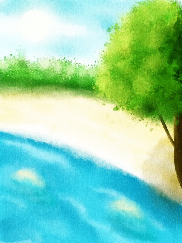 原创手绘卡通蓝天白云海边树木风景背景