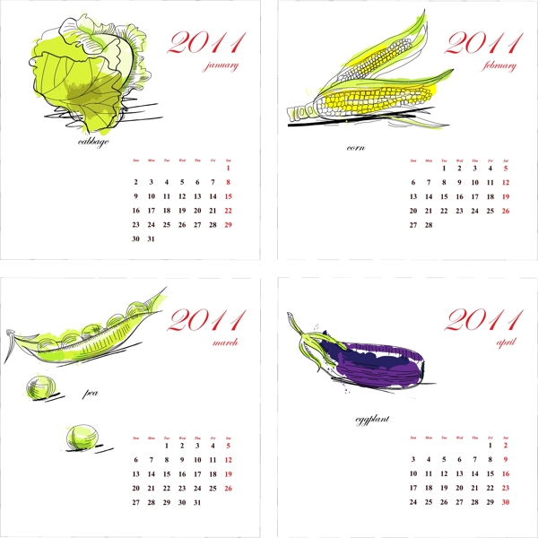 手绘的蔬菜2011年历矢量素材