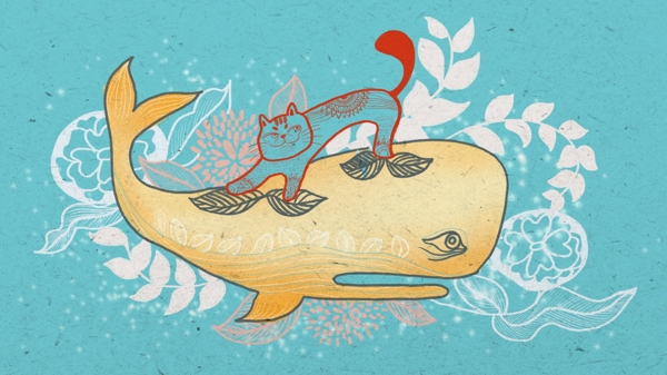 深海遇鲸猫咪鲸鱼温馨商业插画
