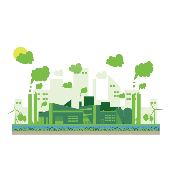 卡通绿色排放的工厂和绿色城市