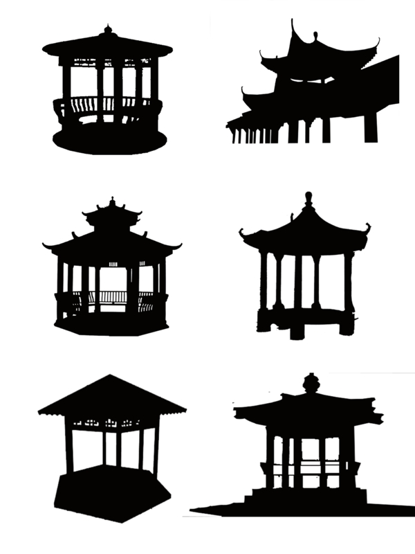 中国传统建筑亭子楼阁剪影简约