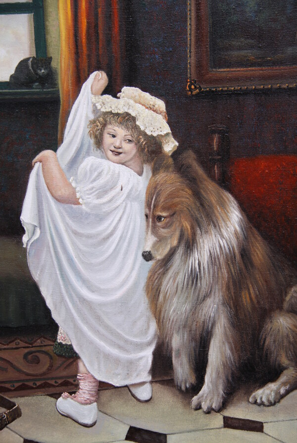 油画女孩与狗