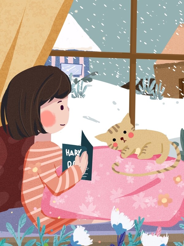 冬天你好女孩和小猫卡通温暖可爱温馨插画