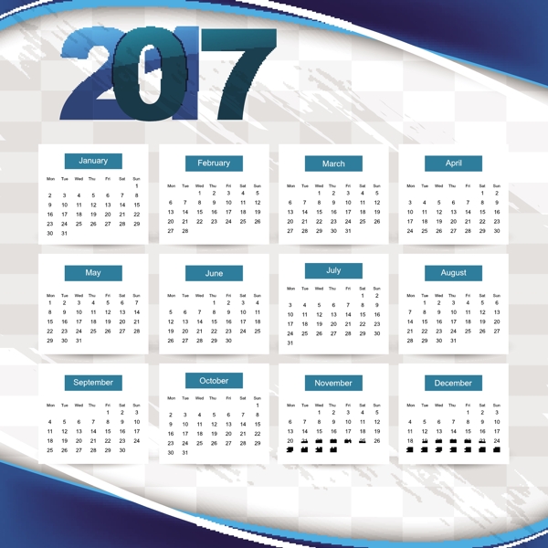 蓝色波浪状的2017日历