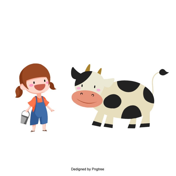 卡通可爱的女孩和母牛