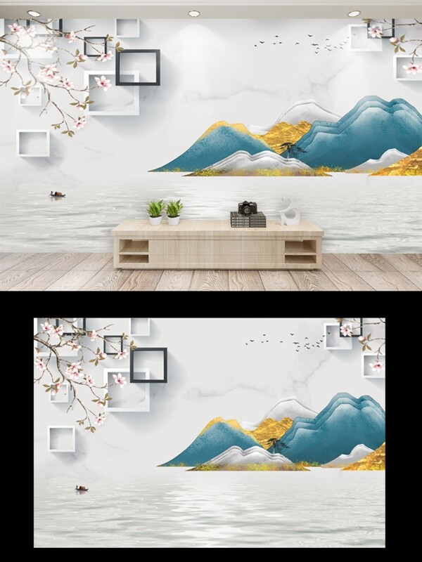 新中式手绘电视背景墙沙发背景墙