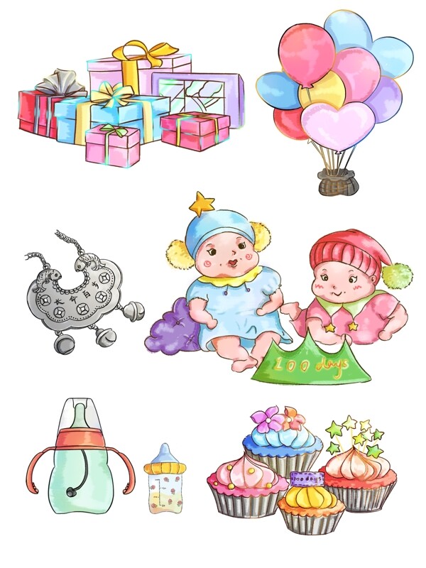 百日宴礼物气球长命锁奶瓶蛋糕婴儿手绘套图