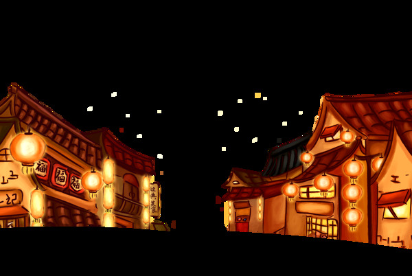 复古手绘村庄夜景素材