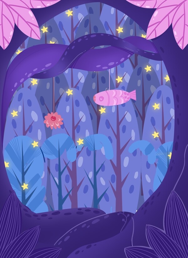 手绘紫色树林背景设计