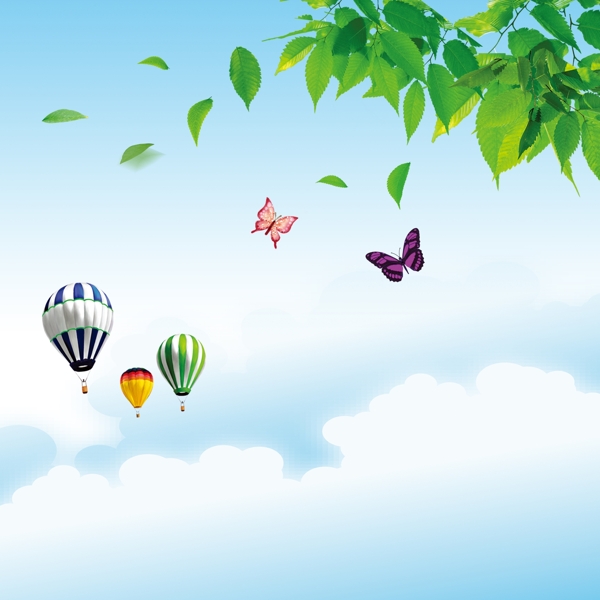 蓝天白云热气球蝴蝶树叶素材