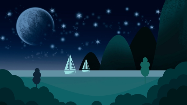 星空下的山水船只晚安航海装饰画