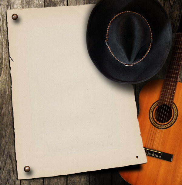 吉他帽子空白纸背景图片